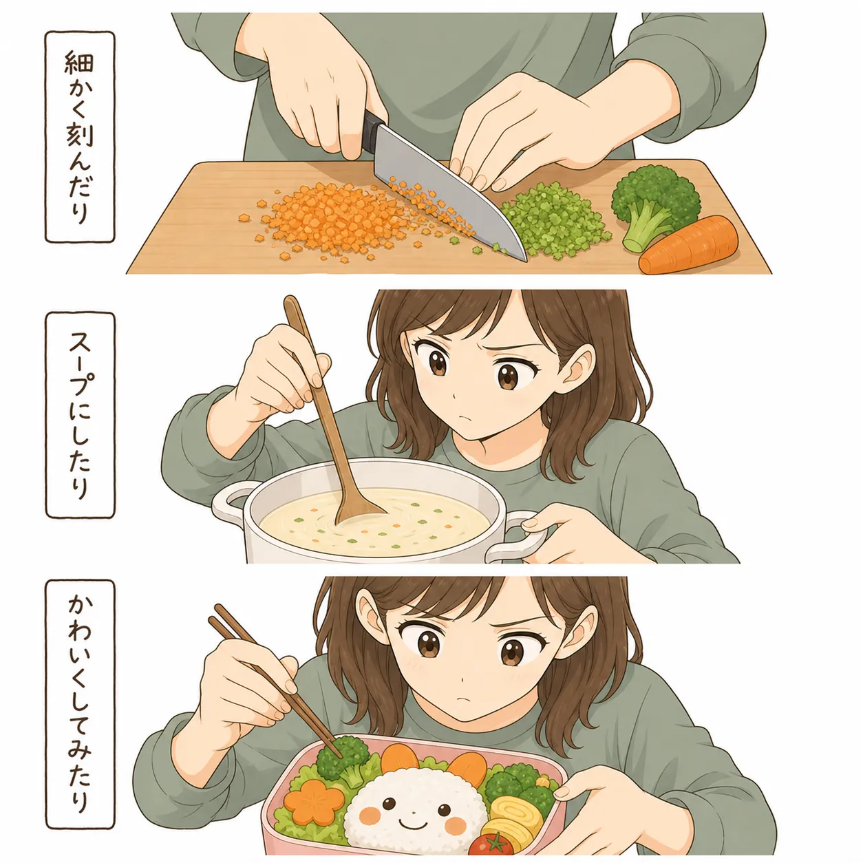 野菜を細かく刻んだり、スープにしたり、かわいく飾ったりと工夫する母の様子