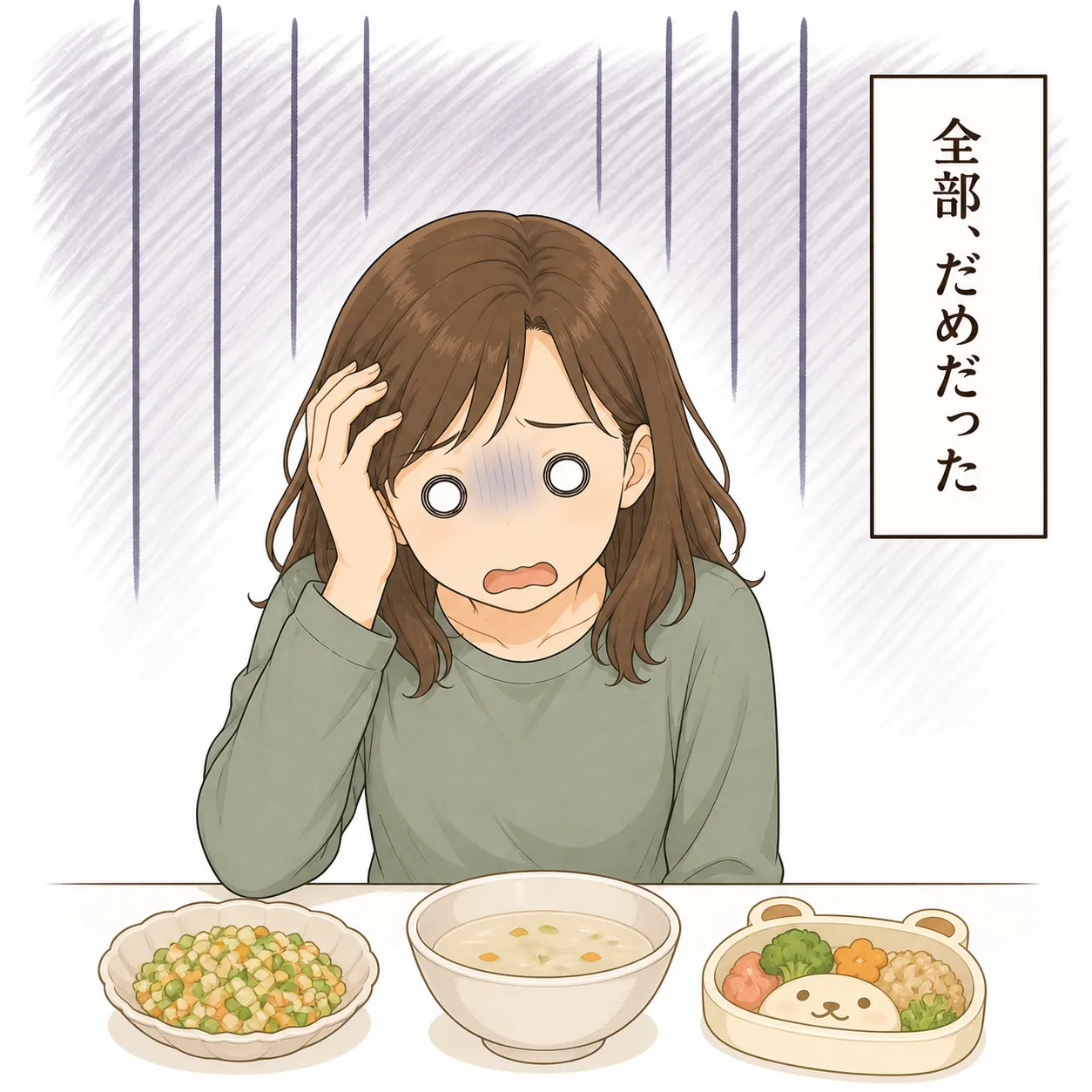 手つかずのまま並んだ3つの料理を前に、母がガーン顔になる。ナレーション「全部、だめだった」