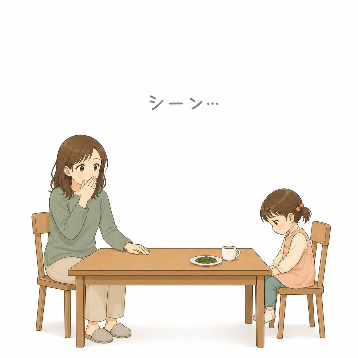 シーンと静まり返る食卓。子どもは俯き、母はハッとして手を口にあてる
