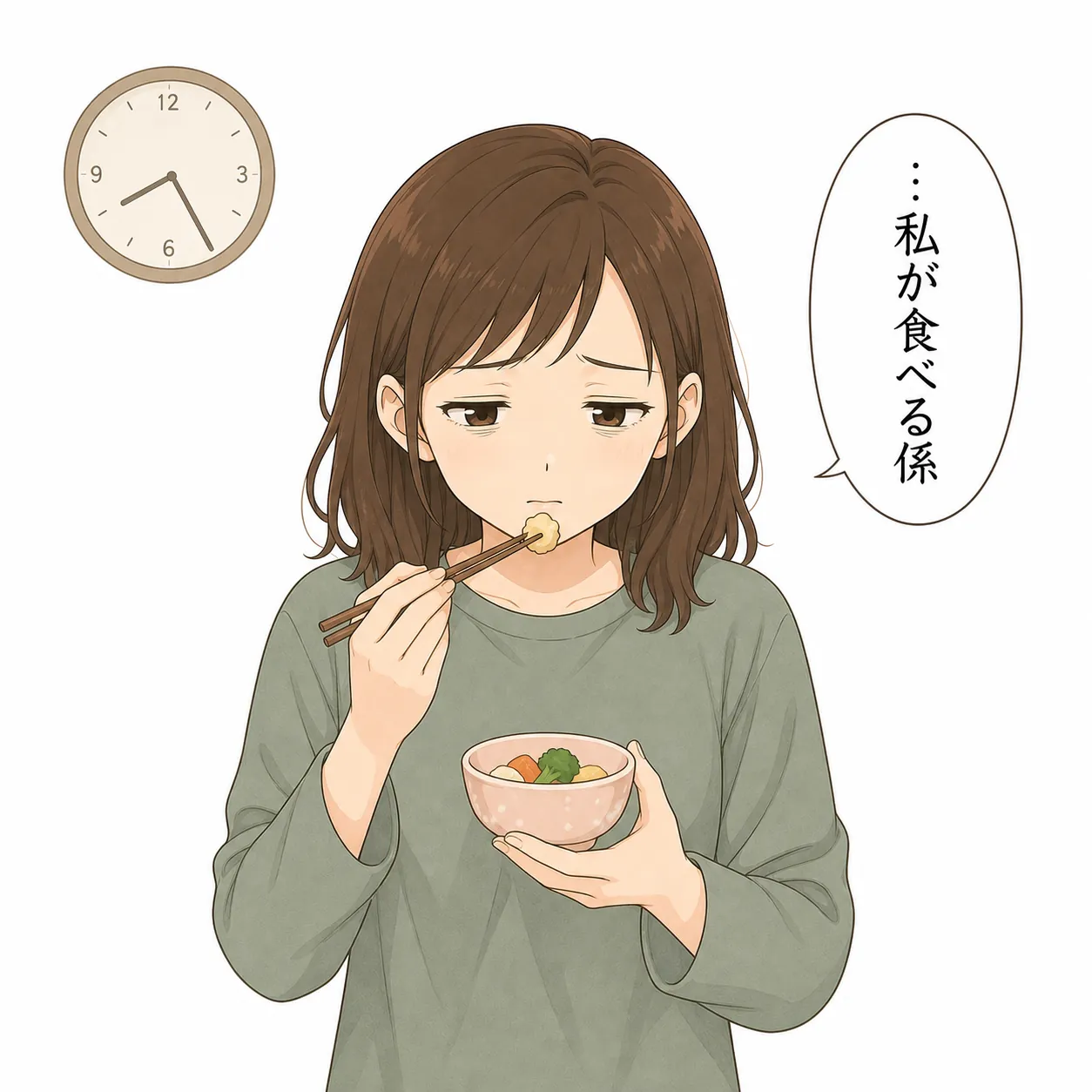 残った野菜を立ったまま食べる母。「…私が食べる係」とつぶやく