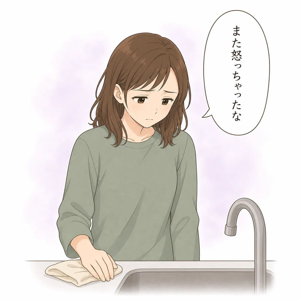 食器を洗う手を止め「また怒っちゃったな」と落ち込む母
