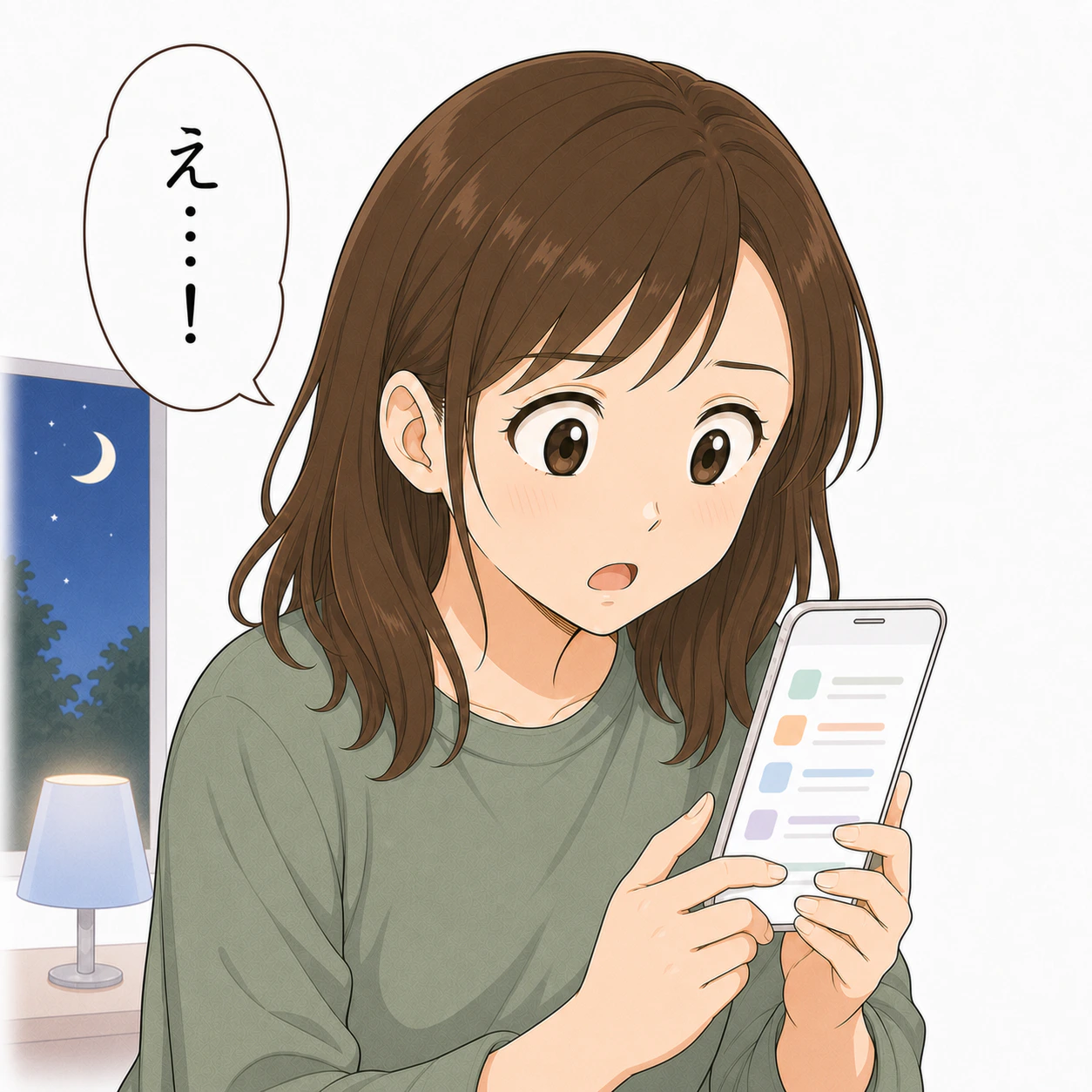夜のリビングでスマホを見ていた母が手を止め、目を見開いて「え…！」と困惑する