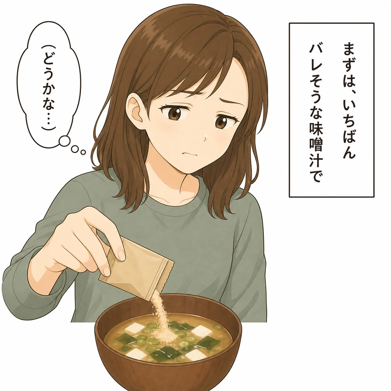 ナレーション「まずは、いちばんバレそうな味噌汁で」。母の思考「（どうかな…）」