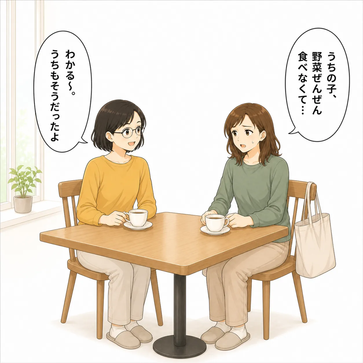 保育園へ送ったあとのカフェ。母が「うちの子、野菜ぜんぜん食べなくて…」と話し、向かいのママ友が「わかる〜。うちもそうだったよ」と応じる
